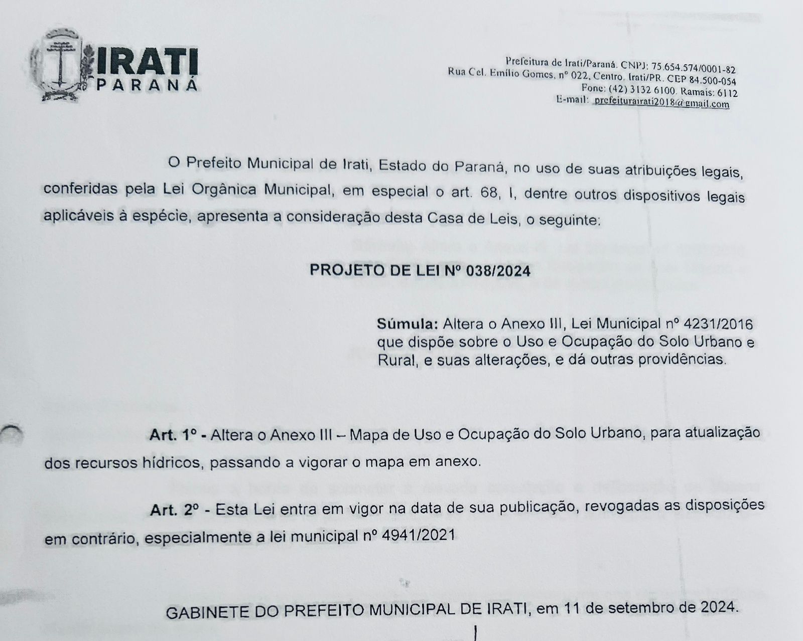 PL que altera o anexo III da Lei Municipal de Uso e Ocupação do Solo Urbano e Rural é retirado de pauta