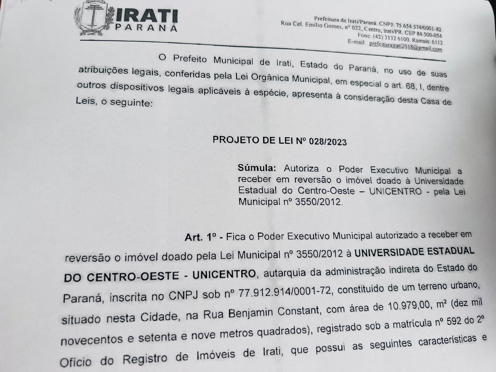 PL que autoriza o Executivo a receber em reversão o imóvel doado à Unicentro é aprovado