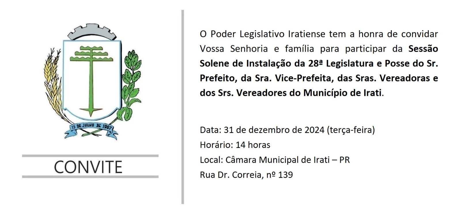 Sessão Solene de Posse do Prefeito, Vice-prefeita, Vereadores e Vereadoras de Irati